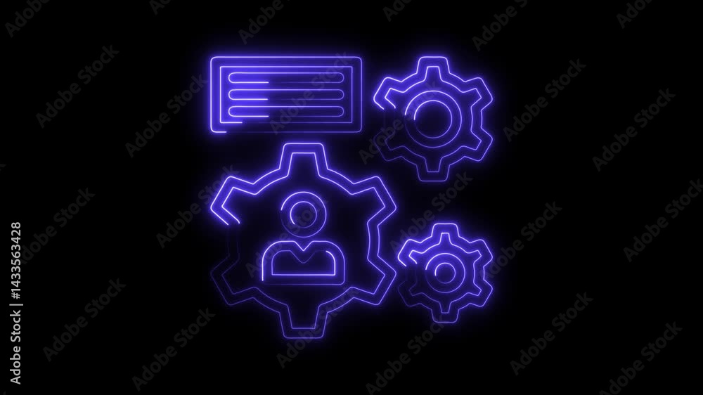 Poster abstract neon management gears and user data on black background represents business process efficie