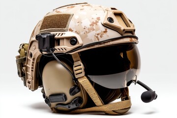 High-tech military helmet designed for tactical operations and communication used by special forces in combat situations