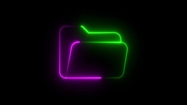 Glowing neon folder icon 4k isolated on black background.