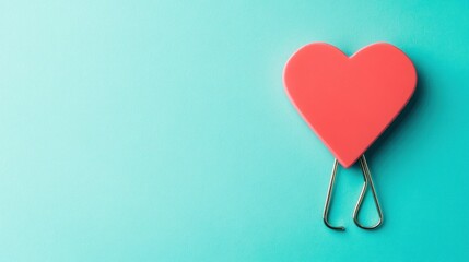 Pink heart paperclip on blue background
