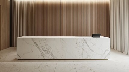 Marble reception counter with soft curtain backdrop and minimal elegance