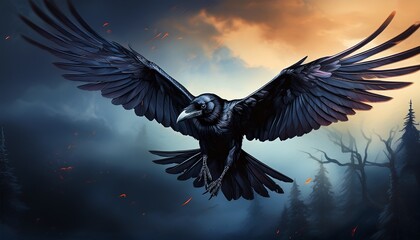 Obraz premium Flying Raven In Dark Atmosphere