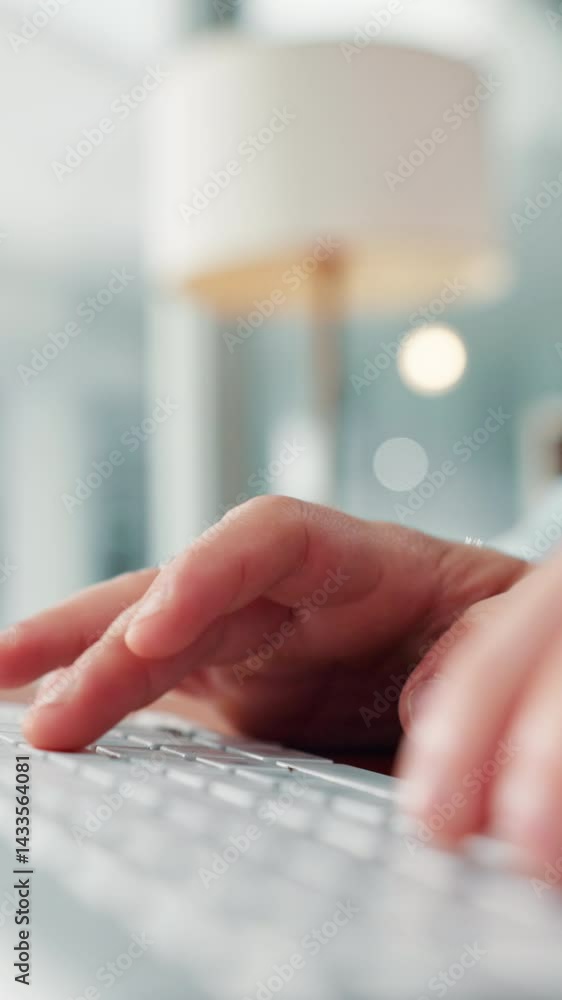 Poster Technology, hands and person with typing on keyboard for article research, story submission and creative process. Remote work, journalist and publication review for blog and editor feedback in home