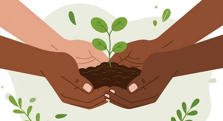 Diverse Hands Cupping Soil with Seedling: Symbolizing Environmental Stewardship, Growth, Cultivation, Nurturing Future, Earth Day Concept in Flat Vector Style