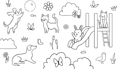 Black and white line drawing of cute animals playing in a garden. dog jumping for a ball, cat walking, rabbit, and a cat on a climbing structure. Simple nature elements 