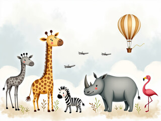 3d wallpaper Jungle animals, flowers and trees isolated