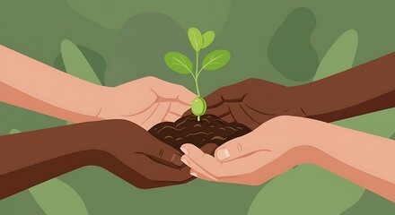 Diverse Hands Gently Holding Sprout in Soil: Symbolizing Growth, Unity, and Environmental Care in Stylized Illustration