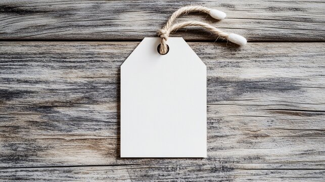 Blank white gift tag with rope on rustic wooden table for mockup, branding, and product packaging concept