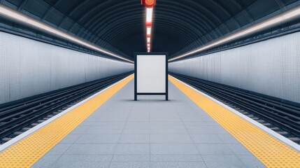 Blank Black Frame Billboard in a Subway Station with Empty Tracks and Modern Architecture Elements