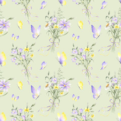 Wildflowers bellflower, buttercup and meadow grasses in bouquets tied ribbon bow and butterflies. Seamless flower watercolor pattern on light green. Hand drawn illustration in yellow and lilac colors