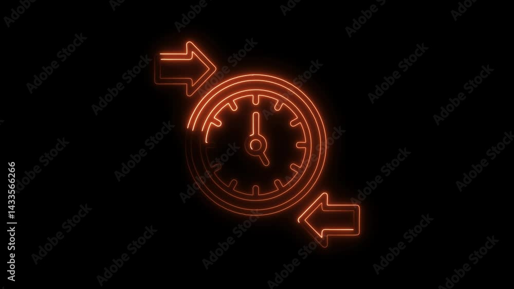 Poster neon clock with arrows animated on black background time management concept