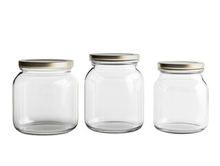Three transparent glass mason jars with shiny silver lids against transparent emptiness