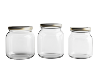 Three transparent glass mason jars with shiny silver lids against transparent emptiness