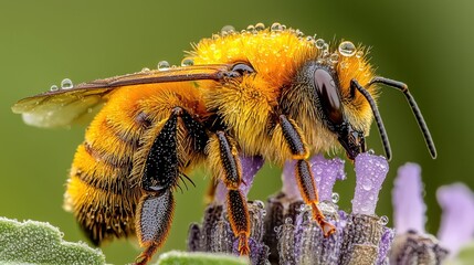 A bee covered in water droplets gathers nectar from purple lavender flowers up close.