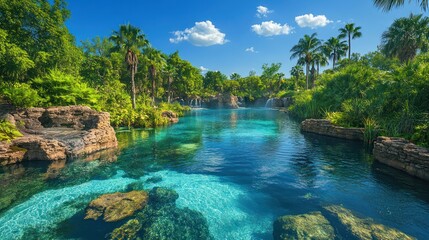 Fototapeta premium Tropical lagoon features clear water palm trees lush vegetation rocks serene atmosphere sunny day.