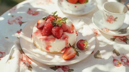 Round cake on a white plate with a floral patterned tablecloth. the cake is topped with fresh strawberries and has a layer of white cream on top.