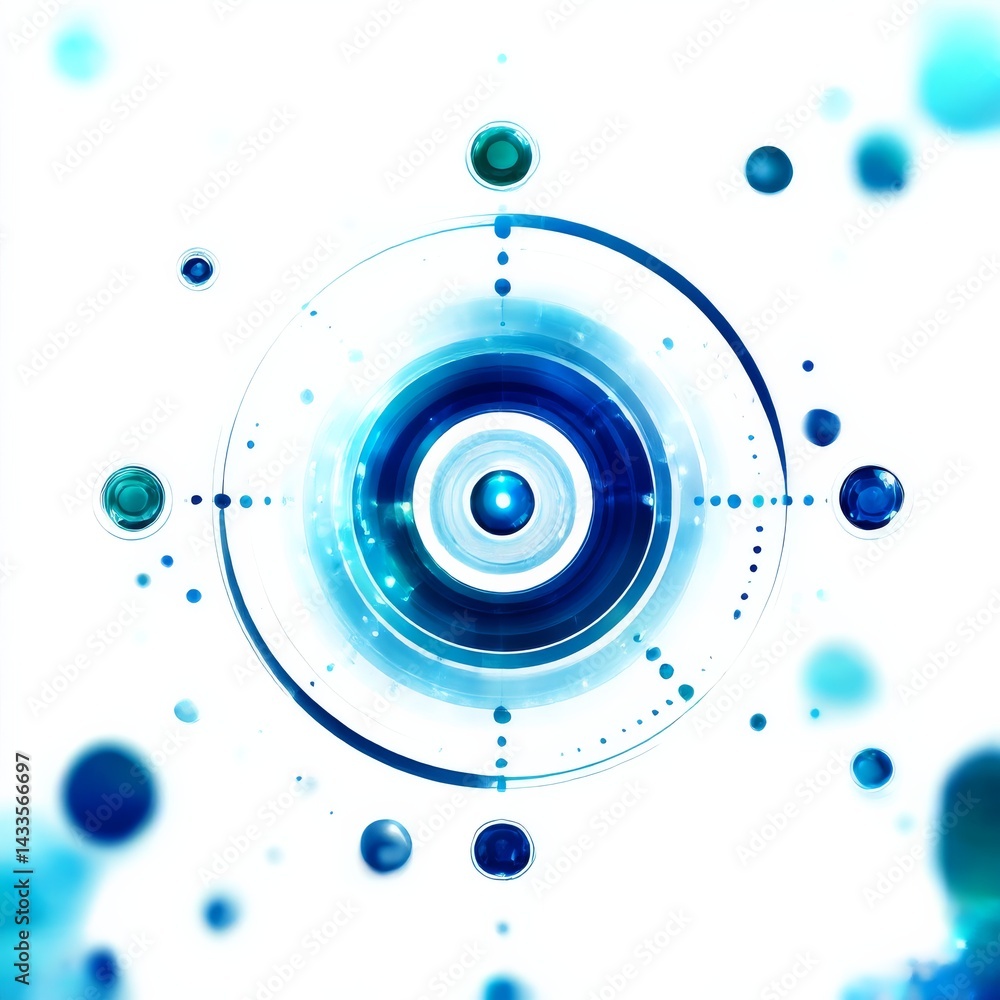 Poster Abstract Blue Circles and Spheres on White Background: Modern Design with Circular Elements