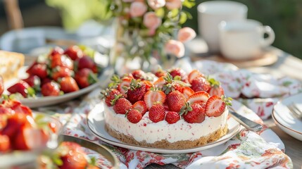 Table set up for a meal in a garden or outdoor setting. on the table, there is a round cake with a white frosting and fresh strawberries on top.