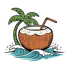 Coconut Drink on Ocean Waves with Palm Tree Illustration