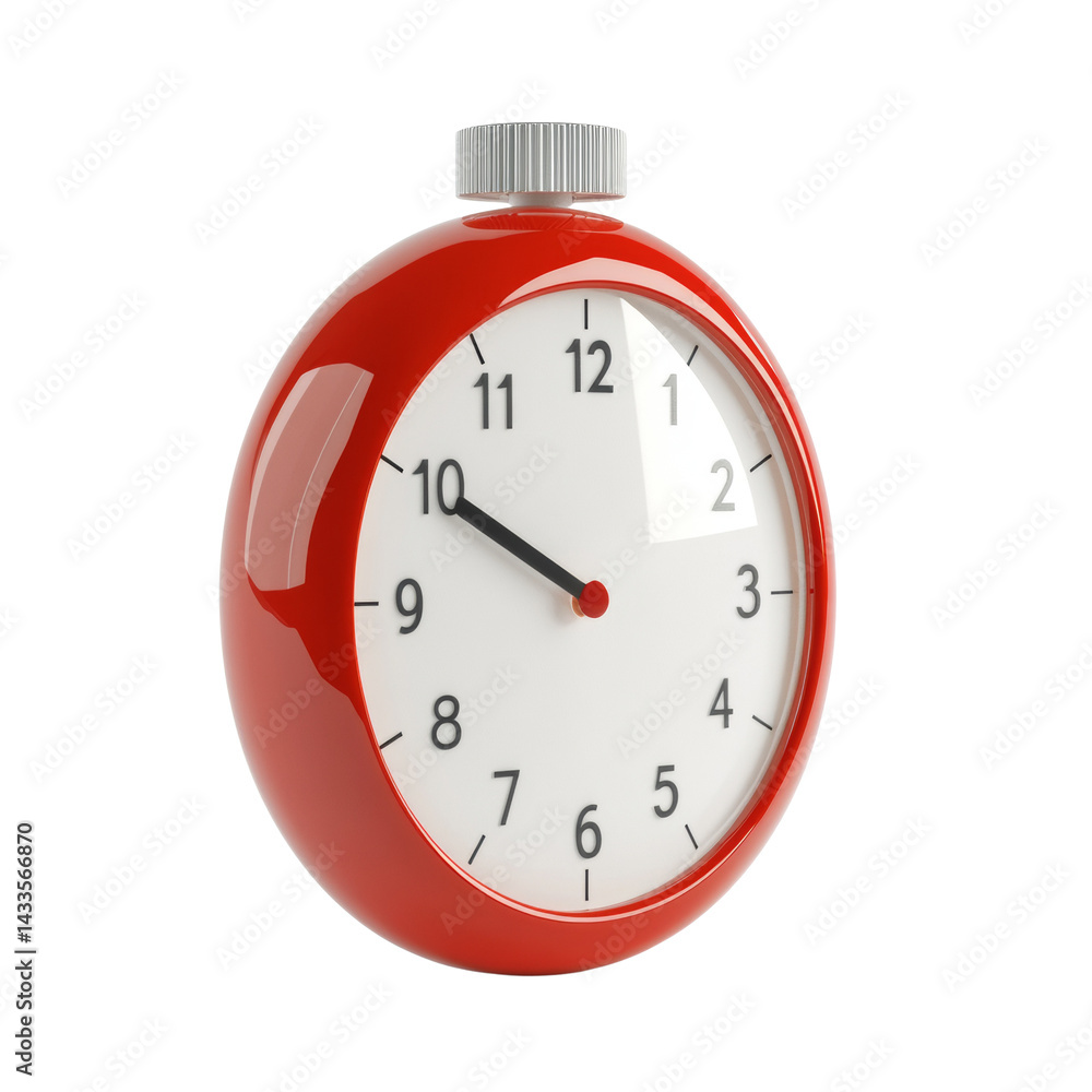 Poster whimsical red timer object with clean white face set against a clear setting