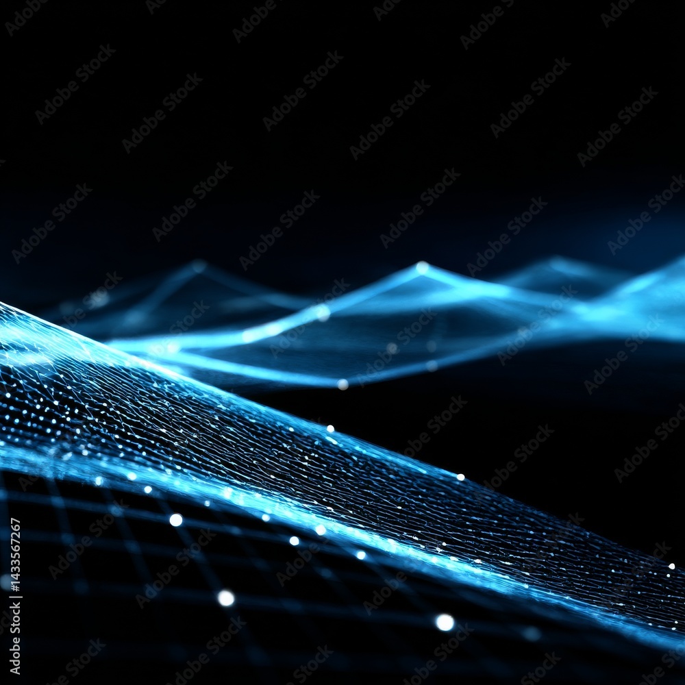 Poster Abstract Blue Network: Futuristic Mesh with Luminous Nodes on a Dark Background for High-Tech Visuals