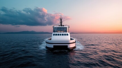 Obraz premium A sleek boat navigates calm waters under a colorful sunset, surrounded by distant mountains and dramatic clouds.