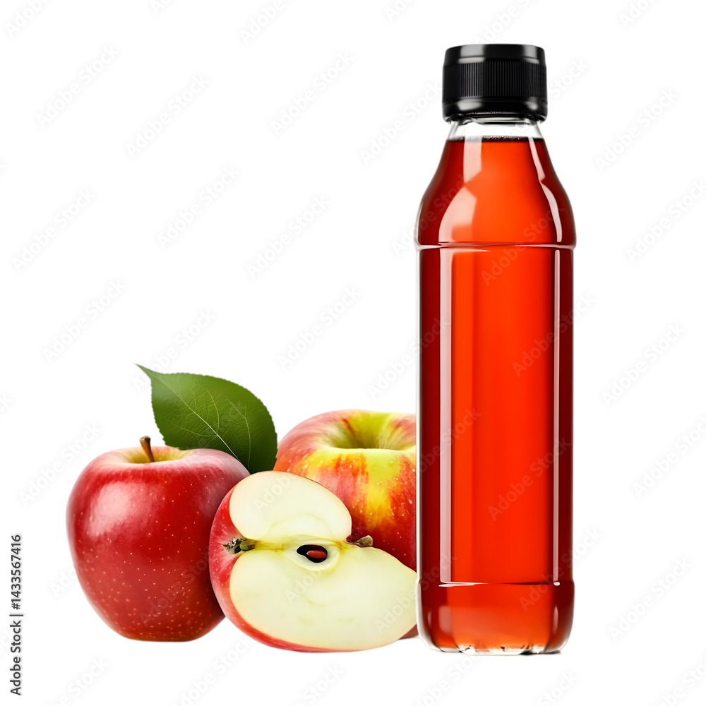 Poster isolated red apple with bottle of juice and fruit slices on transparent background
