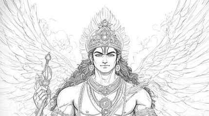 Majestic Angelic Being Divine Wings Ink Drawing Spiritual Art Detailed Illustration Black White Graphic Design Heavenly Figure Mythological Creature  