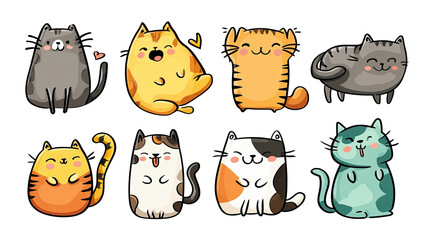 Adorable cartoon cat stickers PNG with playful kittens in cute doodle style and pastel colors