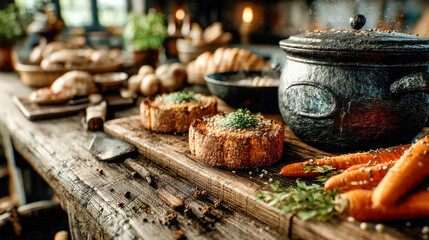 Fototapeta premium Steamy kitchen scene with a cast iron pot, baked bread rolls, and rustic dishes on a wooden table during meal prep