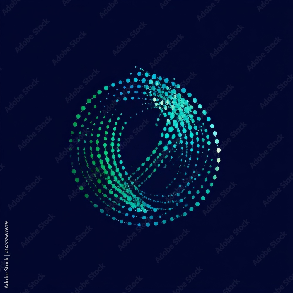 Poster abstract circular pattern of glowing dots: a digital art composition on dark blue background