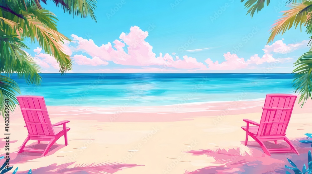 Poster ピンクのビーチチェアとヤシの木のある穏やかなビーチの風景 水色の海と青空の背景
