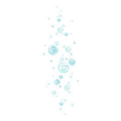Turquoise and blue water bubbles of different sizes and tones in chaotic order rising from depth. Watercolor illustration drawn by hand isolated from background. Sketch for nautical and marine design.