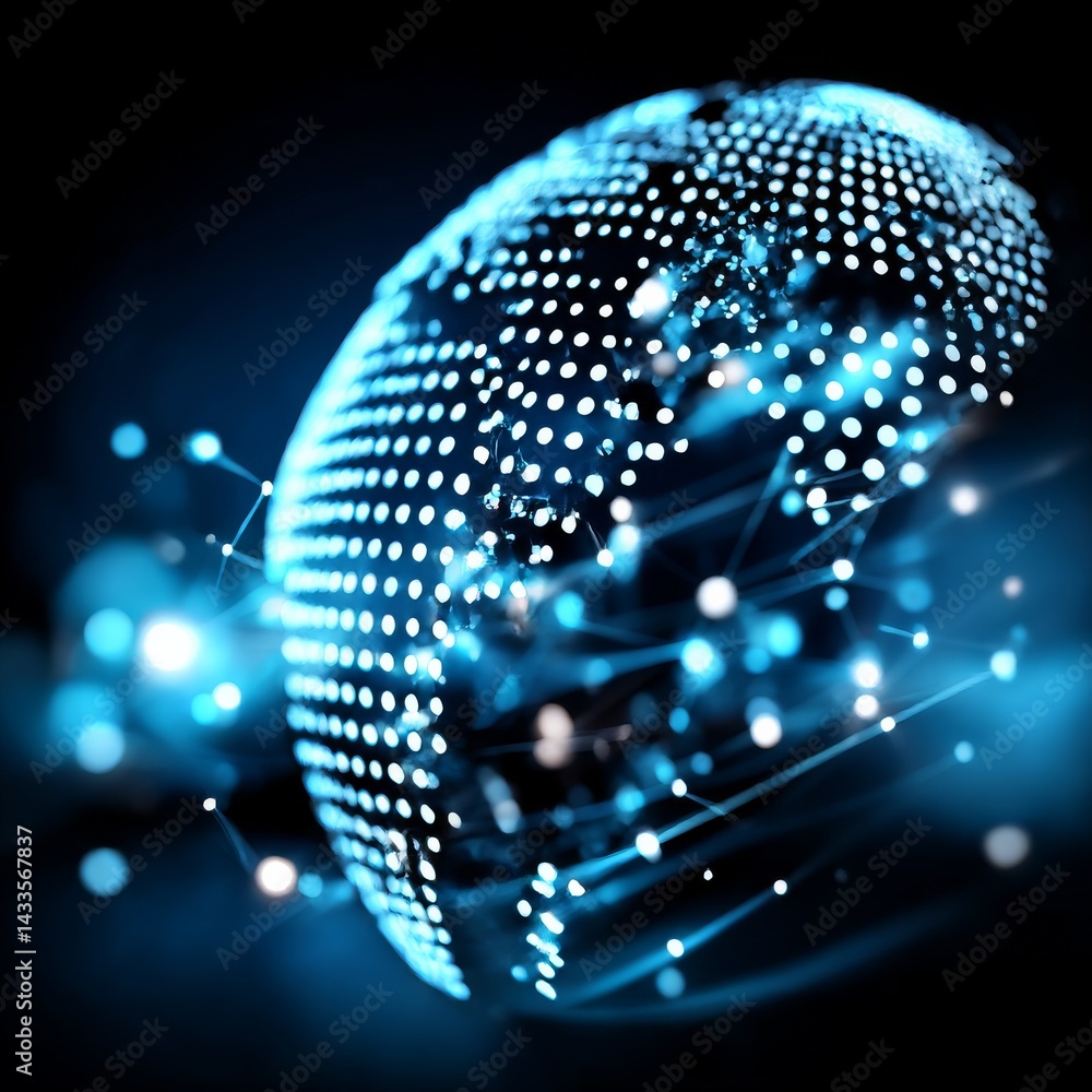 Poster abstract digital globe with glowing connections and blue light effects on a dark background.