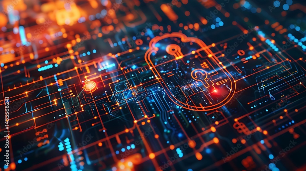 Poster technology concept showing a glowing cloud padlock icon integrated onto a complex electronic circuit