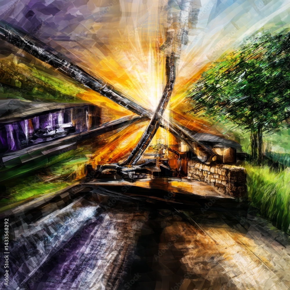 Poster abstract impression of old structures blending into nature with radiant light and dynamic lines