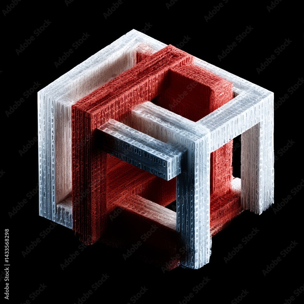 Fototapete abstract interlocked cube structure: white and red textured beams creating a three-dimensional geome
