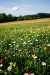 Obraz premium a close up of a field of flowers with a sky background