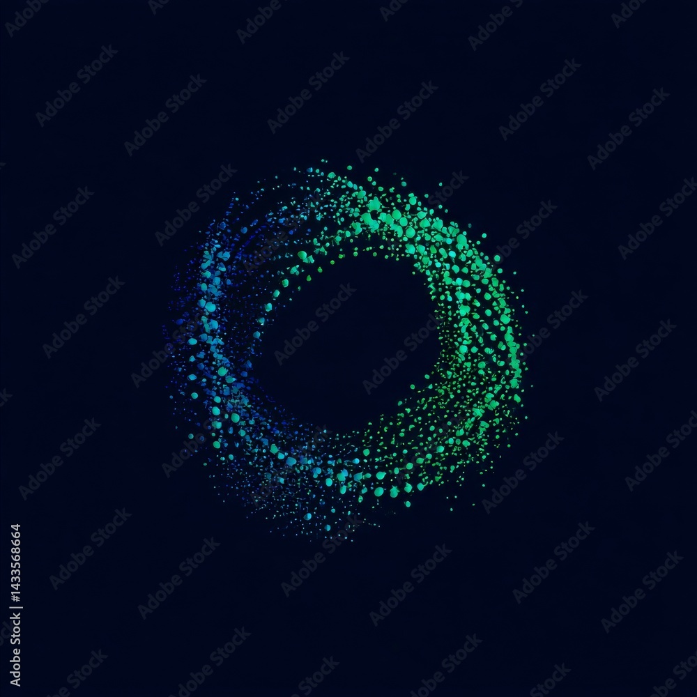 Poster abstract particle ring with gradient of blue to green on dark background for creative designs