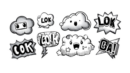 Black and white comic stickers PNG with clouds, funny words and bold sketch bubble expressions