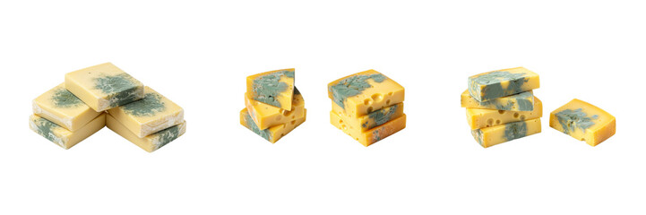 Obraz premium Set of spoiled cheese with green mold on transparent background