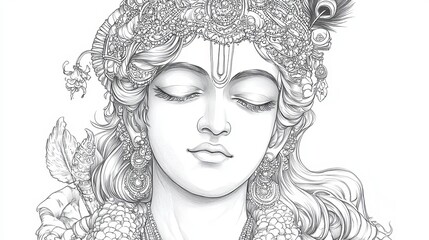 Serene Krishna Portrait Detailed Pen Sketch Black White Indian Deity Peaceful Spiritual Art Elegant Ornate Jewelry Krishna Drawing Hindu God Detailed 