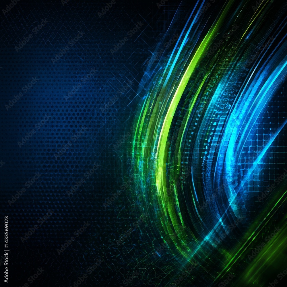 Aufkleber abstract swirl of electric blue and lime green lines on a dark technical background with geometric p