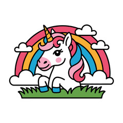 Cute Unicorn with Rainbow and Clouds Cartoon Illustration