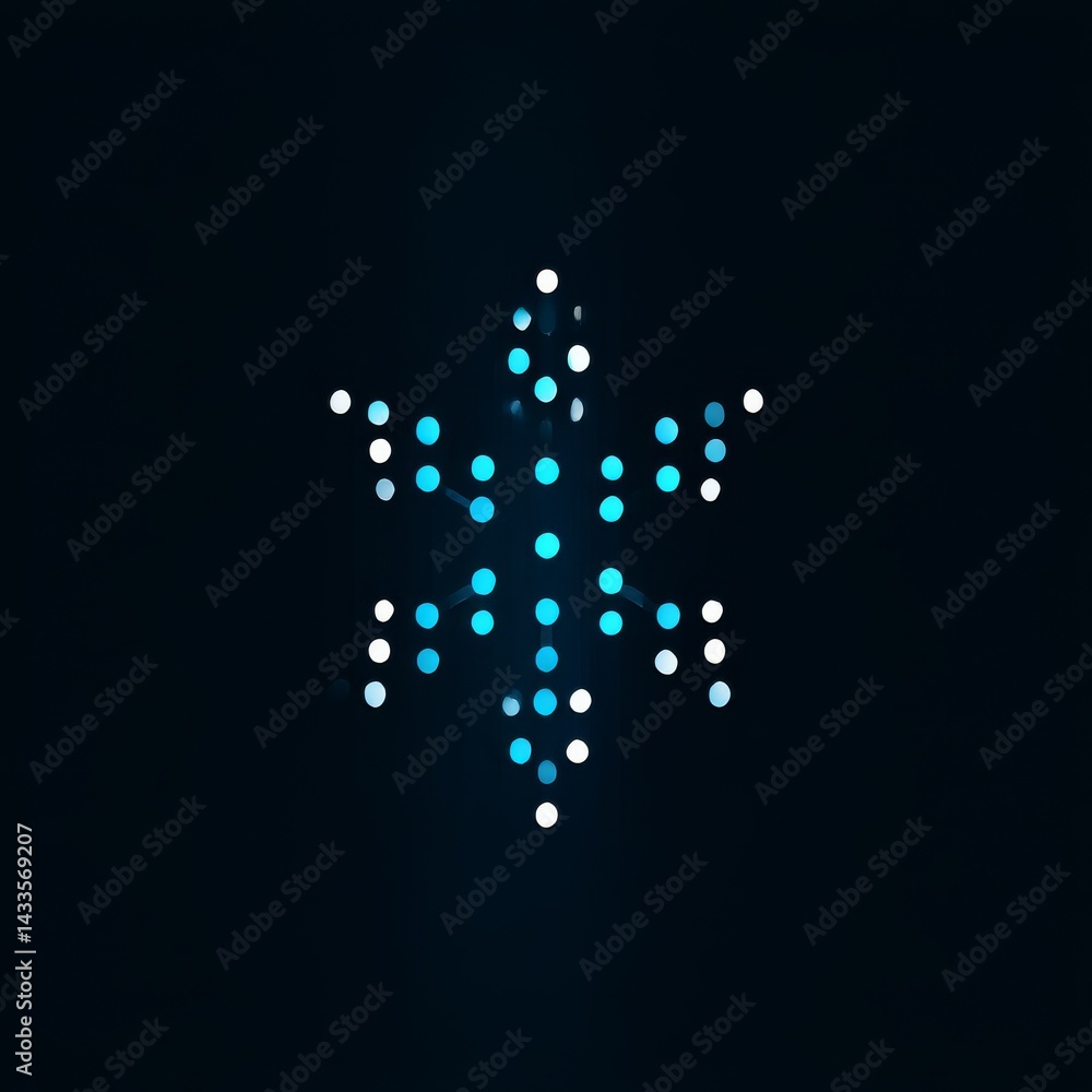 Poster a luminous snowflake: geometric design with glowing blue and white spheres on a dark background