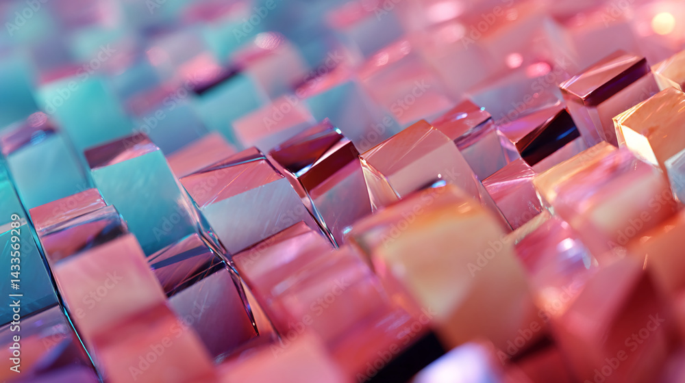 Poster Close-up of pink and teal glossy cubes texture, creating a smooth, reflective surface, showcasing a modern, abstract design, ideal for a tech or design background