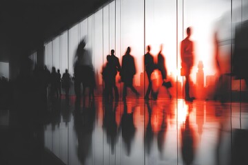 Blurred Business People Walking Modern Office Building Sunset Cityscape