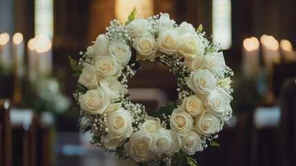 Rose wreath adorns solemn occasion, showing reverence, beauty, light from candles shining gently nearby.