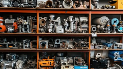 Storage racks filled with engine components labeled and categorized