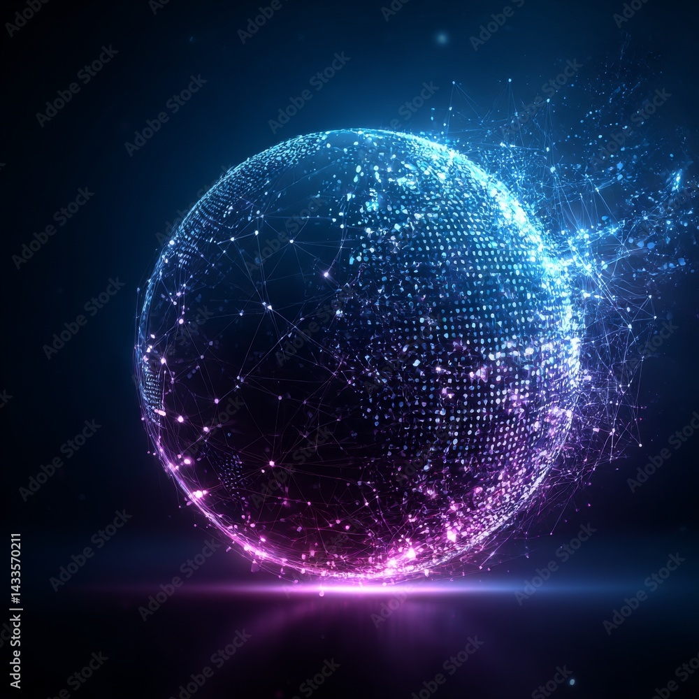 Leinwandbilder digital sphere: glowing network and data transmission visualisation on dark background.